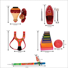 Desi Khel Pack of 5/ Iconic & Classic Indian Games & Indian Toys with Spinning Top, Slingshot Gulel, Seven Stones Lagori, Gili Danda & Steam Toy Boat