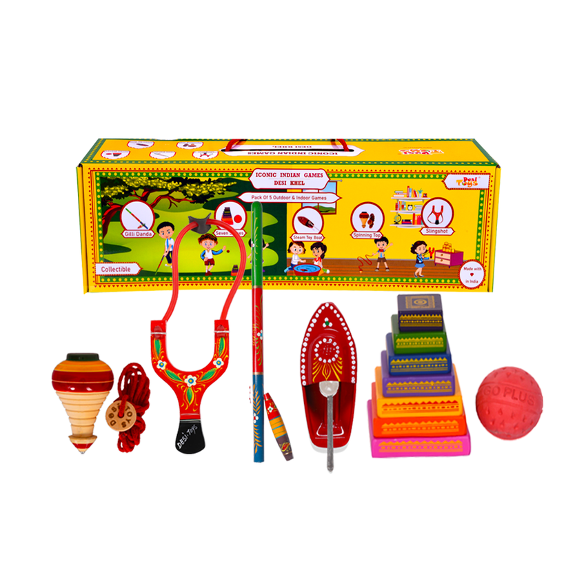 Desi Khel Pack of 5/ Iconic & Classic Indian Games & Indian Toys with Spinning Top, Slingshot Gulel, Seven Stones Lagori, Gili Danda & Steam Toy Boat