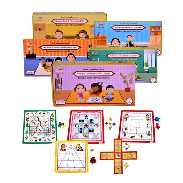 Combo Pack Of 5 Canvas Fabric Board Games|Dashavatar Snakes & Ladders|Nine Men's Morris|Mahabharat Pachisi|Ramayan Chauka Bara|Maa Kali Goats & Tigers|Indian Mythological Themed|Logic & Strategy Games|For 14 yr +|Birthday Gift Pack for Adults & Kids