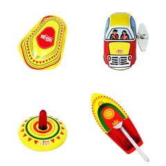 Desi Toys Classic & Iconic Vintage Tin Metal Toys Pack of 4 with Steam toy Tin Boat, Tin Clicker,Tin Finger Spinning Top & Vintage Metal Windup up Car