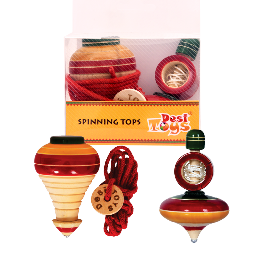 Wooden Spinning Tops for Kids / Windup Top / Lattu / Bhawra / Bambaram Pack of 2