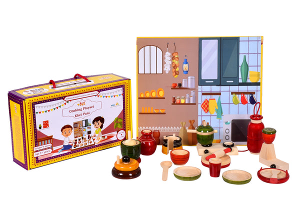 Khel Pani / Wooden Cooking Set / Kitchen Set  for Kids , 15 Pieces Toy set