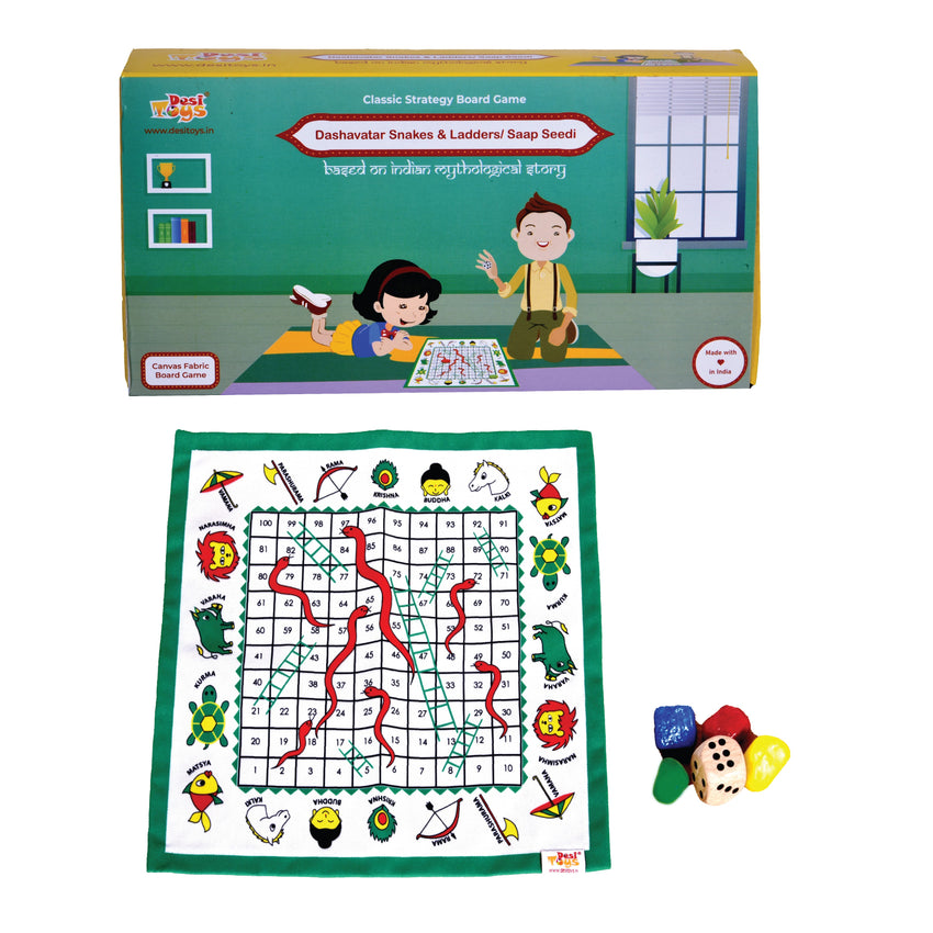 Dashavatar Snakes & Ladders/Saap Seedi, Classic Strategy Board Game with Canvas Fabric Board, Based on Indian Mythological Story